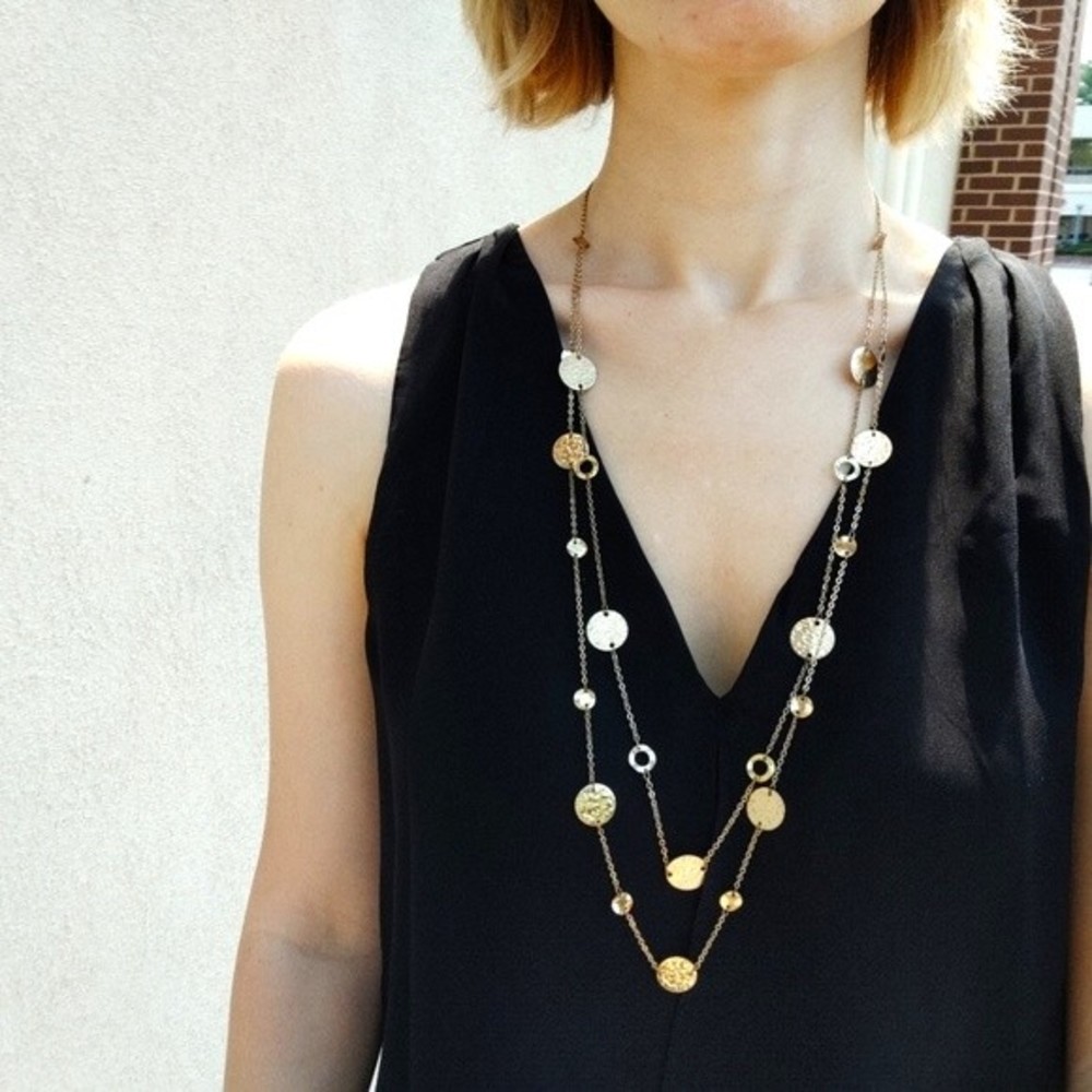 Long Gold Double Layered Hammered Disk and Circle Ring Necklace